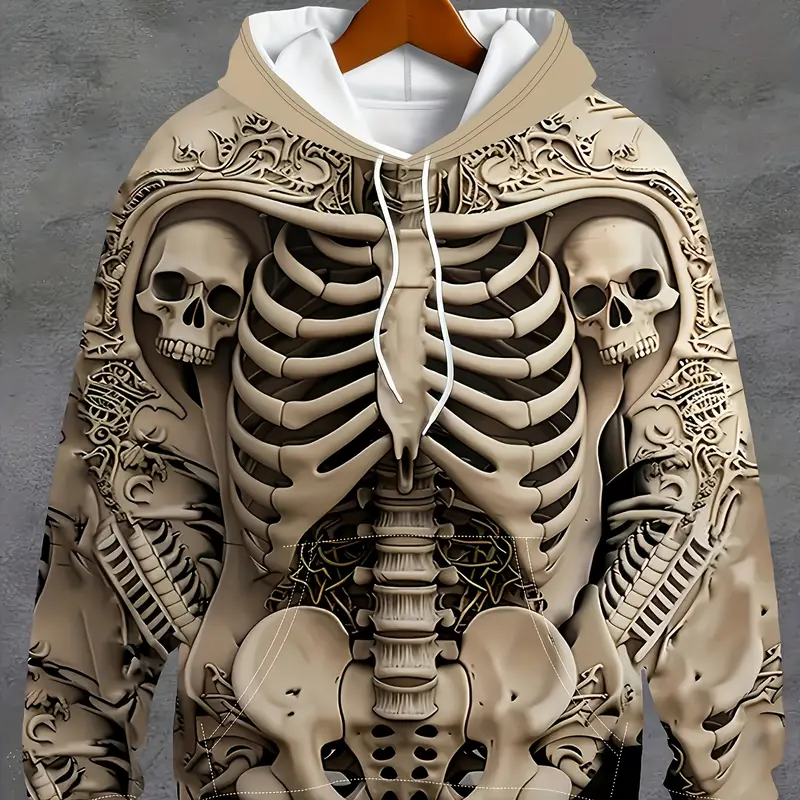 Khaki Skeleton Print Hoodie, Long Sleeves, Dark Cool Street Style, Casual Pullover, Hooded Sweatshirt