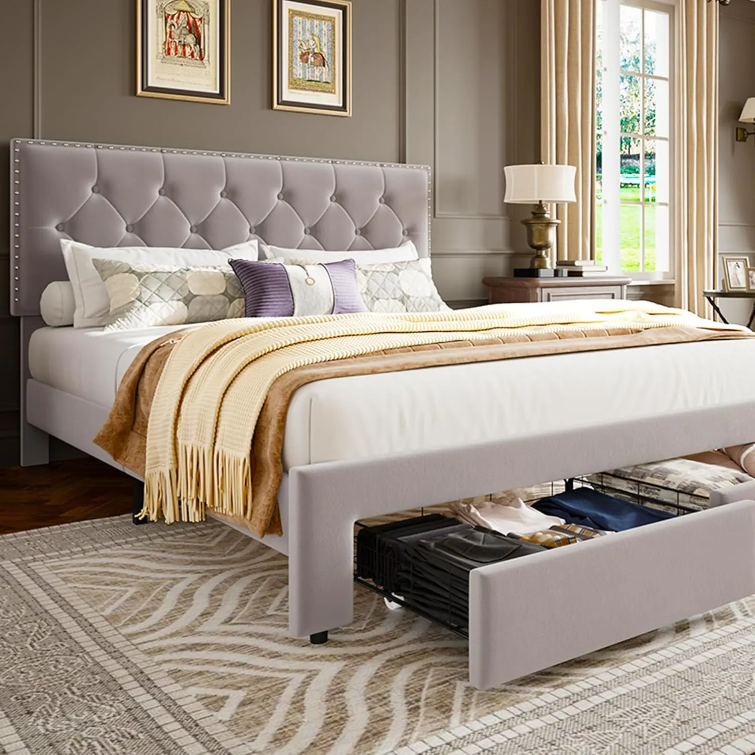 Beige Vintage Velvet Upholstered Full Size Adjustable Bed Frame - Button Tufted Wingback Headboard, 2 Storage Drawers, Wooden Slat Support, Noise-Free, No Box Spring Needed, Durable, Space-Saving, Assembly Required, Upholstered Bed Frames, Full Size Bed,