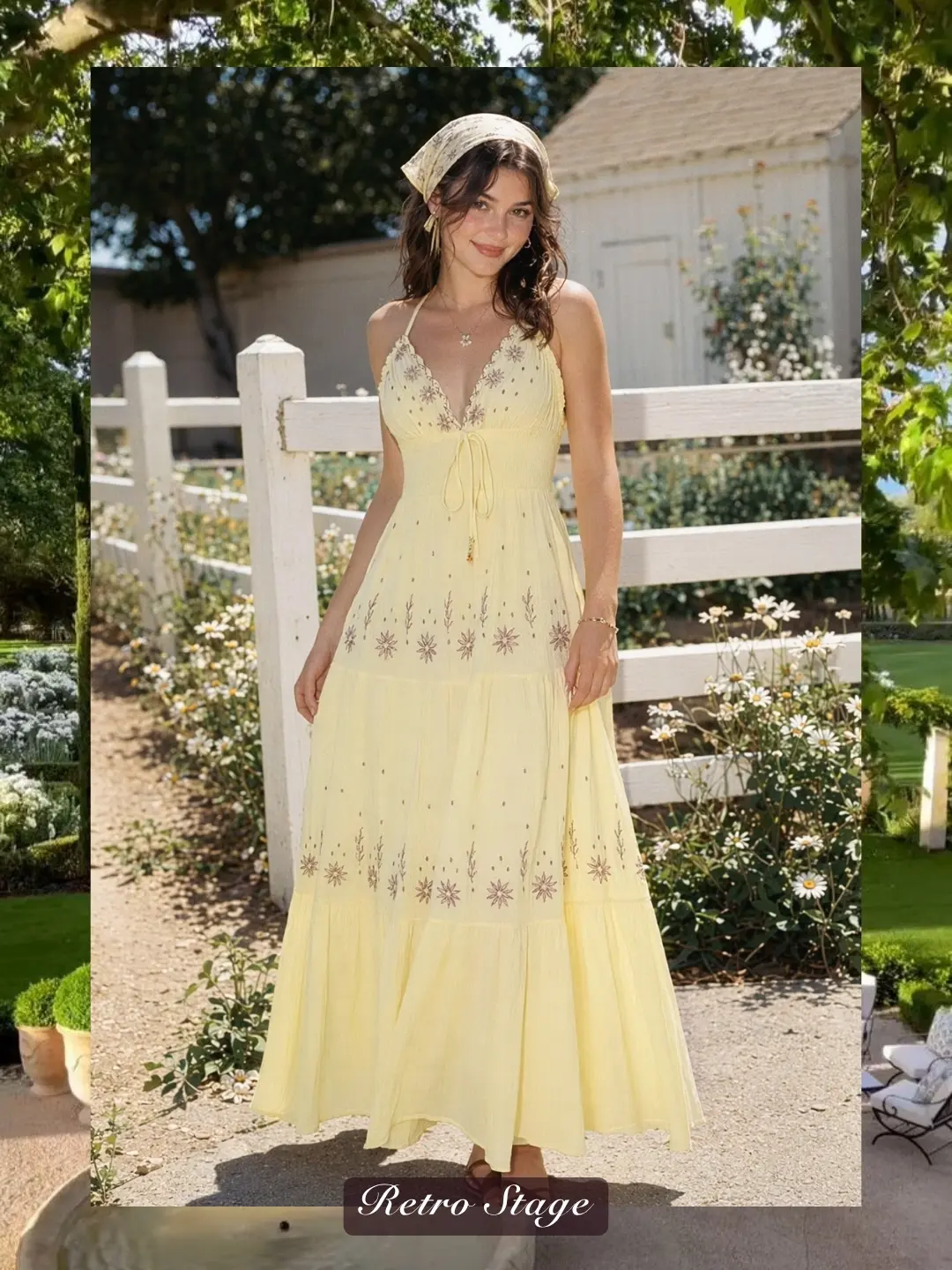 Yellow 1930s V-Neck Embroidered Floral Dress long womensummer dresses vacation outfits Casual Sleeveless BackToSchool Sohochic Fall Dresses Fall outfits Fall fashion