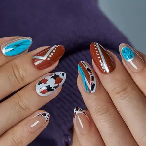 Curvlife Medium Almond Leopard Print Brown Glossy False Nails, Easy-Apply Nail Art Decoration for Nail Care