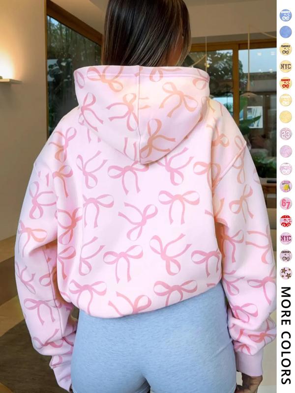Women's Hooded Sweatshirt with Bow Print, Long Sleeve Fitted Casual Top, Spring & Fall Fashion, Perfect Gift for Valentine's Day