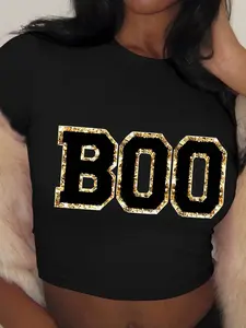 Halloween All Saints Day Women's Halloween Skull Print Casual Tight-Fit Cropped Pullover T-Shirt, Summer Fashion Round Neck Short Sleeve Top, Ladies' Clothing