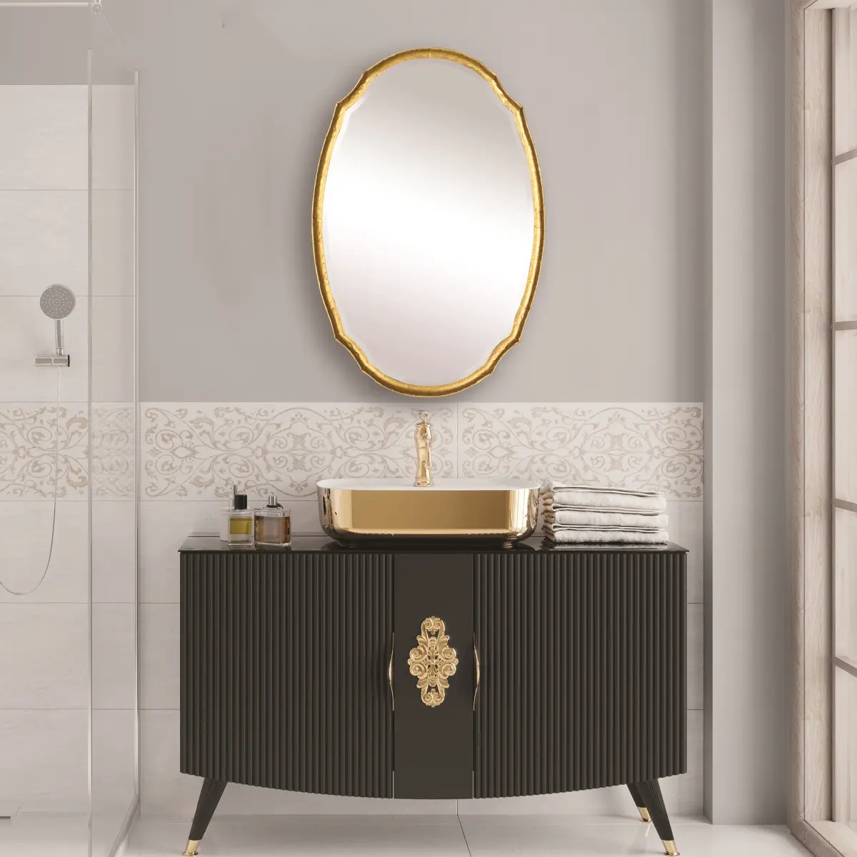 212 Main Concave Antique Gold Leaf Oval Metal Mirror - 24x36x2 in - Wall Decor, Aesthetic & Artistic Decorative Wall-Mounted Mirrors, Antique Look Home Accent Piece, Aesthetic Wall-Mounted Mirrors