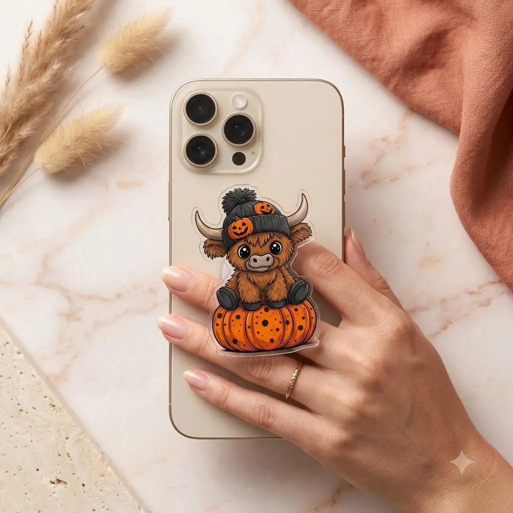 Cow Pumpkin Phone Grip, Cute Halloween Mobile Stand, Orange Fall Cow Phone Holder, Rustic Western Autumn Gift For Cow Lovers Farmhouse Fans