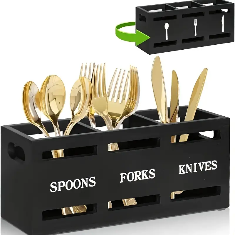 Classic Wooden Kitchen Utensil Rack with Rust-Resistant Solid Iron Handle - 3-Compartment Storage Basket for Spoons, Forks, Knives - Home Organizer (Home Supplies Storage Solution)