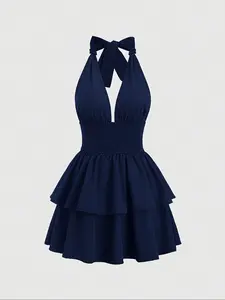 Women's Solid Color Halter Nack Dress, Elegant Fashion Casual Dress for Party Club Dating Wear, Ladies Dress for All Seasons