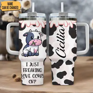 Personalized Dairy Cow Tumbler: 40oz Insulated Cup with Handle & Straw