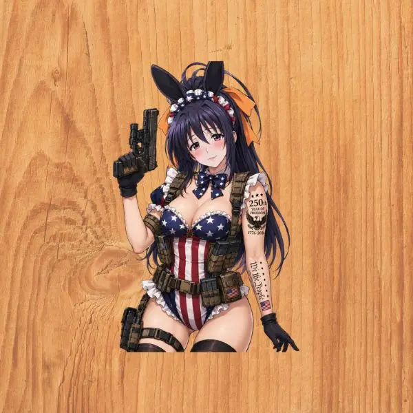 Akeno Tactical Bunny Waifu Sticker, USA Flag Anime Girl, 250th Year of Freedom Military Vinyl Decal