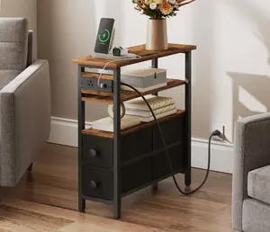 HOOBRO End Table with Charging Station, Narrow Side Table with Fabric Drawers, Slim Nightstand with Storage, Thin Bedside Table, for Living Room, Small Spaces, Rustic Brown and Black