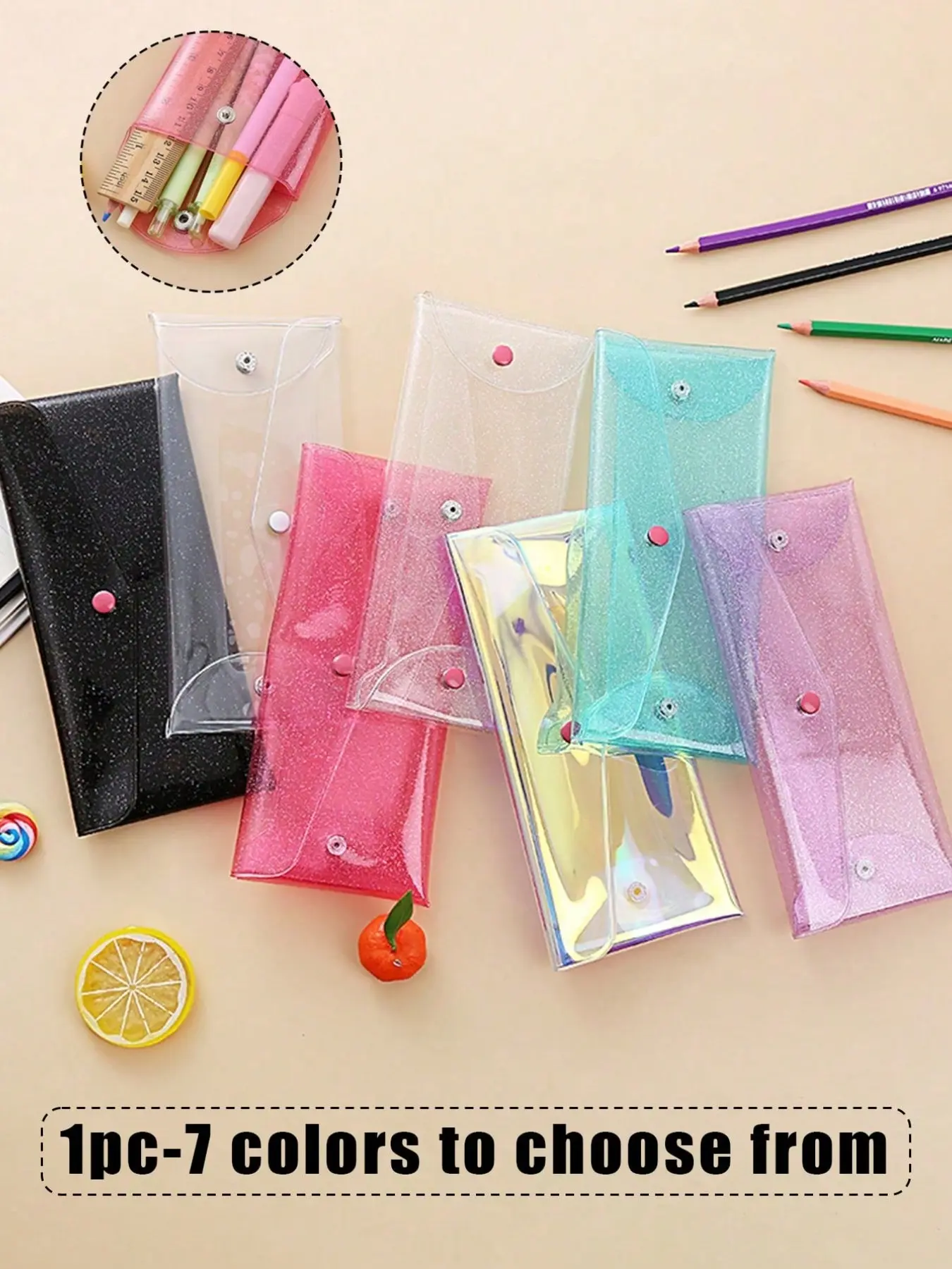 Transparent Color Pencil Case Pen Holder, Portable Buckle Ticket Stationery Cosmetic Storage Organizer, Clear Colored Pencils Box Scissors Ruler Bag School Stationery Stationery Supplies