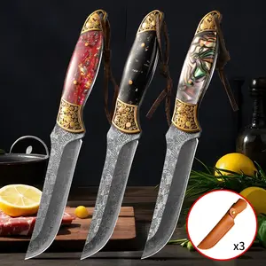 Artisan Knife Set with Durable Leather Sheath - Style Includes Elegant Black, Imperial Ruby, and Aurora Fantasy Blades. Perfect for Boning, Peeling, Outdoor BBQ, Knife Collectors and Enthusiasts