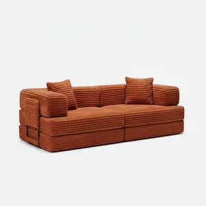 Corduroy Convertible Sofa Bed, 80.7" Boneless Couch with Fixed-Shape Frame & 2 Pillows, Loveseat Floor Sofa for Living Room Bedroom
