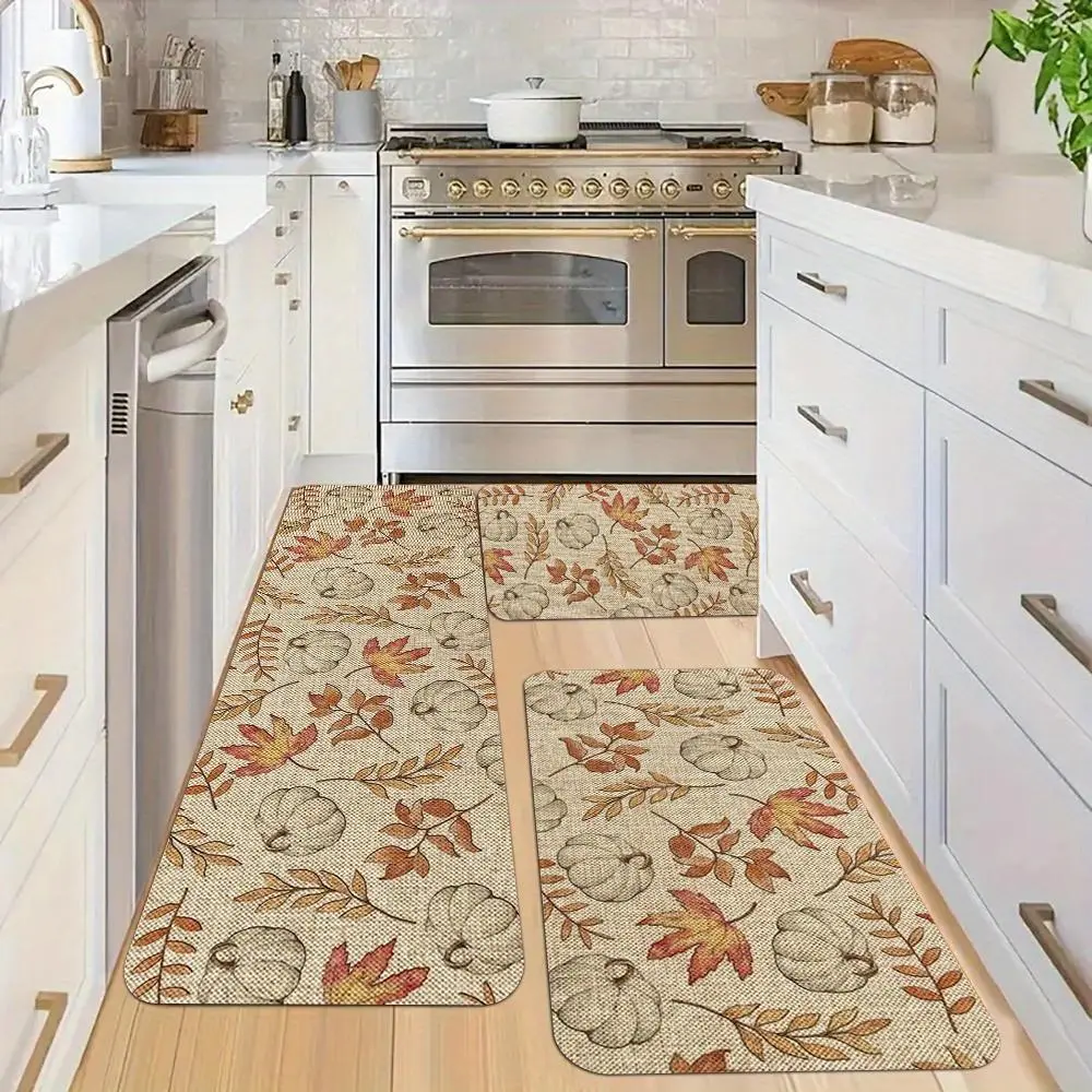 2/3pcs, Fall Collection - Thanksgiving Pumpkin Kitchen Mat, Autumn Maple Leaf Floor Decor with Low Profile Kitchen Rug