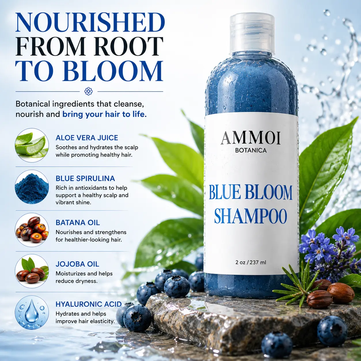 Blue Bloom Shampoo - 2 oz/237 ml with Aloe Vera Juice, Blue Spirulina, Batana Oil, Jojoba Oil & Hyaluronic Acid for Nourished Hair