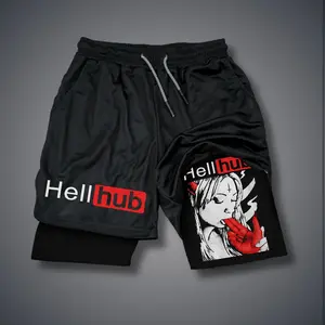 Viral Double-Layer Graphic Sports Shorts "Hellhub Suck Devil's Finger Print" Unisex Fit Streetwear Camo/Black Athletic Shorts for Vacation & Daily Outfits Breathable Quick-Drying Polyester