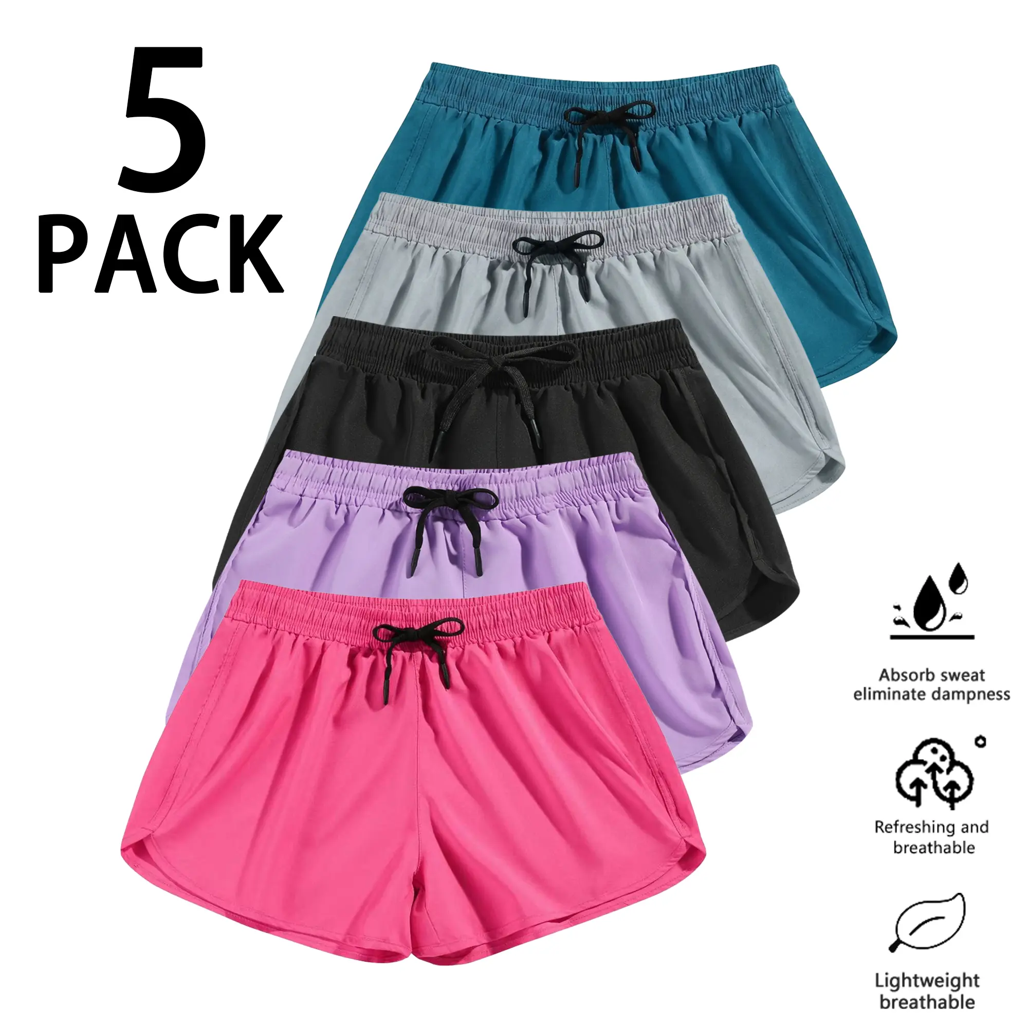 Set of 5 running shorts — quick-drying, breathable, cool and not stifling, moisture-wicking; women’s sports casual shorts suitable for yoga and beachwear; marathon premium version with no pockets.