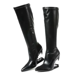 CELNEPHO Womens Morso Knee High Boots Pointed Toe Tiger Teeth Shaped Heel Side Zipper Closure Comfy Easy Pull on Costume Party Gift Casual Wear Dress Shoes