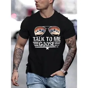 [Graphic T-Shirt] 100% Polyester Men's Casual Graphic T-Shirt | Short Sleeve, "TALK to ME GOOSE" Aviation Design, Sunset & Stars Print, Machine Washable, Regular Fit for Teens & Young Adults, Allseason Apparel, Bold Pattern Tee, Durable