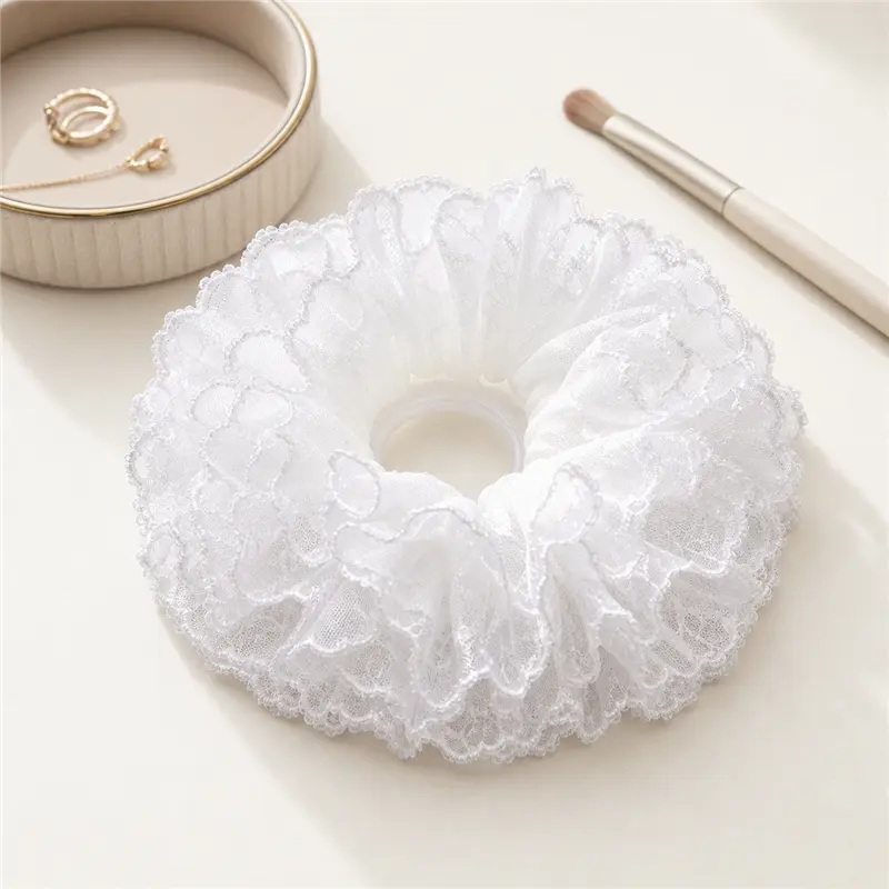 Women-Girls Hair Styling 1PC White Oversized Lace Scrunchie, Satin Wrap for Thick Curly Hair Ponytails Buns