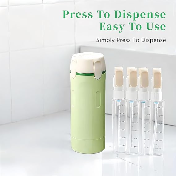 4 in 1 Travel Dispenser Bottle Set – Leak Resistant Refillable Toiletry Containers with Foldable Pump, 4 x 30ml Portable Travel Bottles for Shampoo Lotion Soap, Green