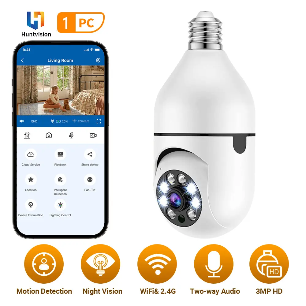 HUNTVISION 3MP smart camara,wifismart camera, E27, 2-Way Audio, Intelligent Night Vision, 360° Motion Tracking, Supports Storage, Family Member Sharing, WiFi Monitoring Remote
