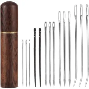 15pcs Leather Sewing Needles Kit, Large Eye Hand Stitching Needle Steel Bent Tapestry Needle Heavy Duty Leather Lacing Needle with Wooden Case for DIY Craft Sofa Bag Repair Projects