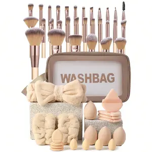 51PCS Makeup Tool Set: Waterproof Multi-Function Cosmetic Bag + 30 Brushes + 4 Sponges + 4 Mini Sponges + 4 Triangle Puffs + 4 Mini Air Cushion Puffs + Hairband + 2 Bowl Straps + Brush Cleaner, Brush Makeup Kit, Waterproof Bag