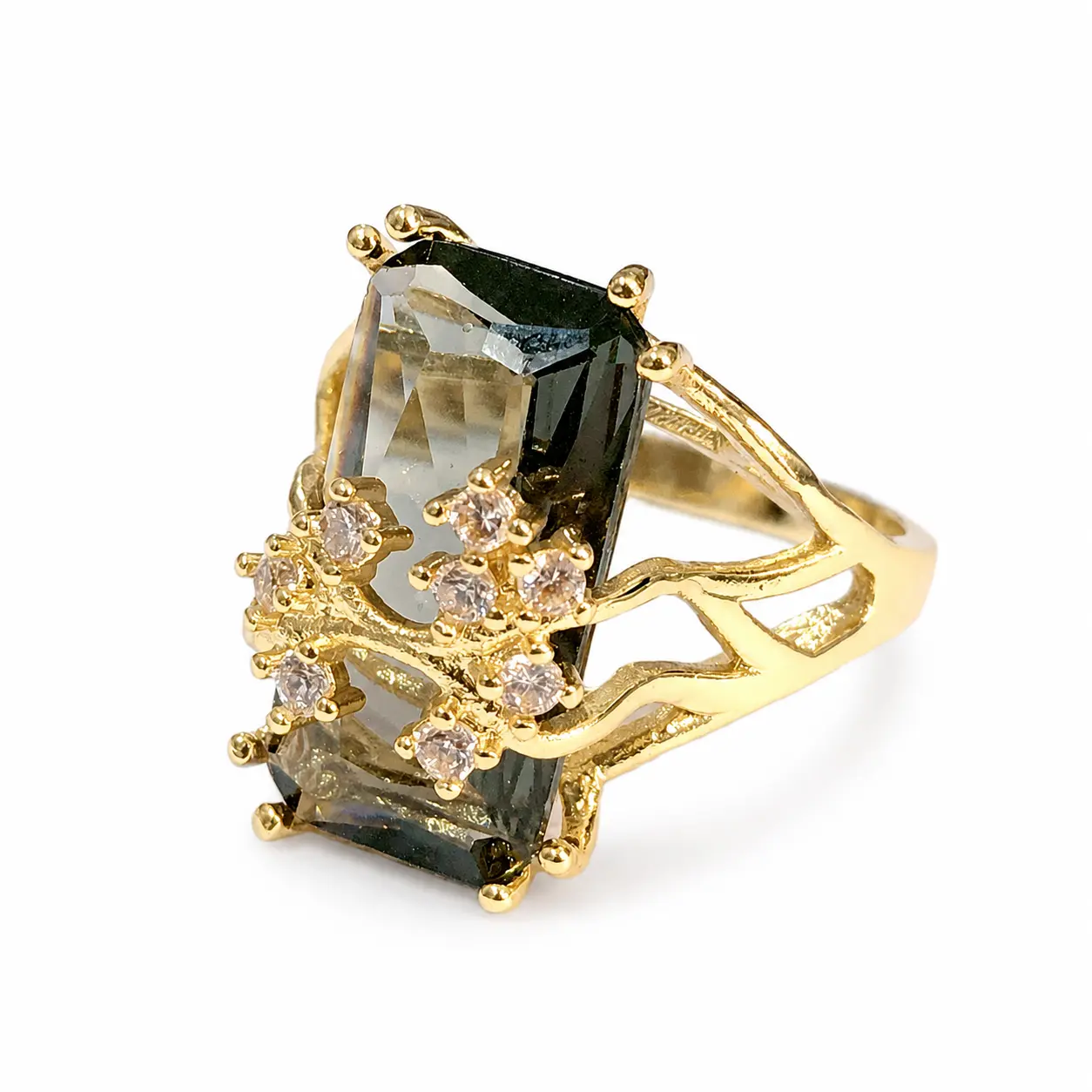 Elegant Gold Tone Ring with Large Emerald Cut Stone and Sparkling Accent Stones for Women