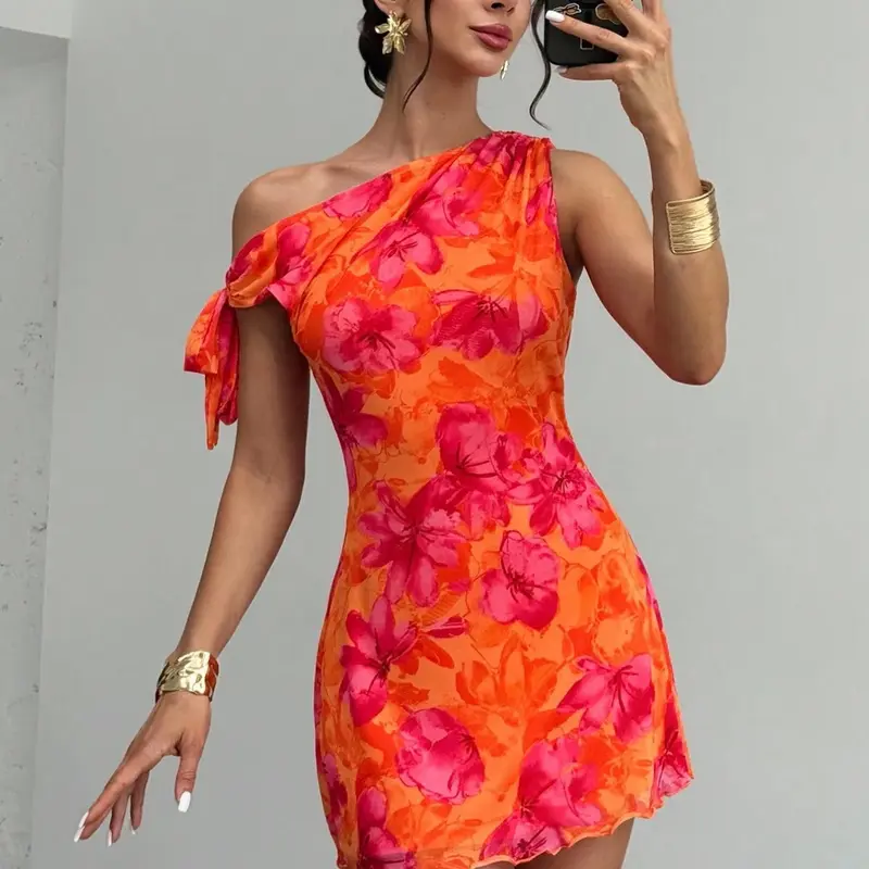 Women's Elegant Floral Printed One-Shoulder Asymmetric Mini Dress Mesh Fabric Short Dress for Summer Beach, Party and Graduation Dance