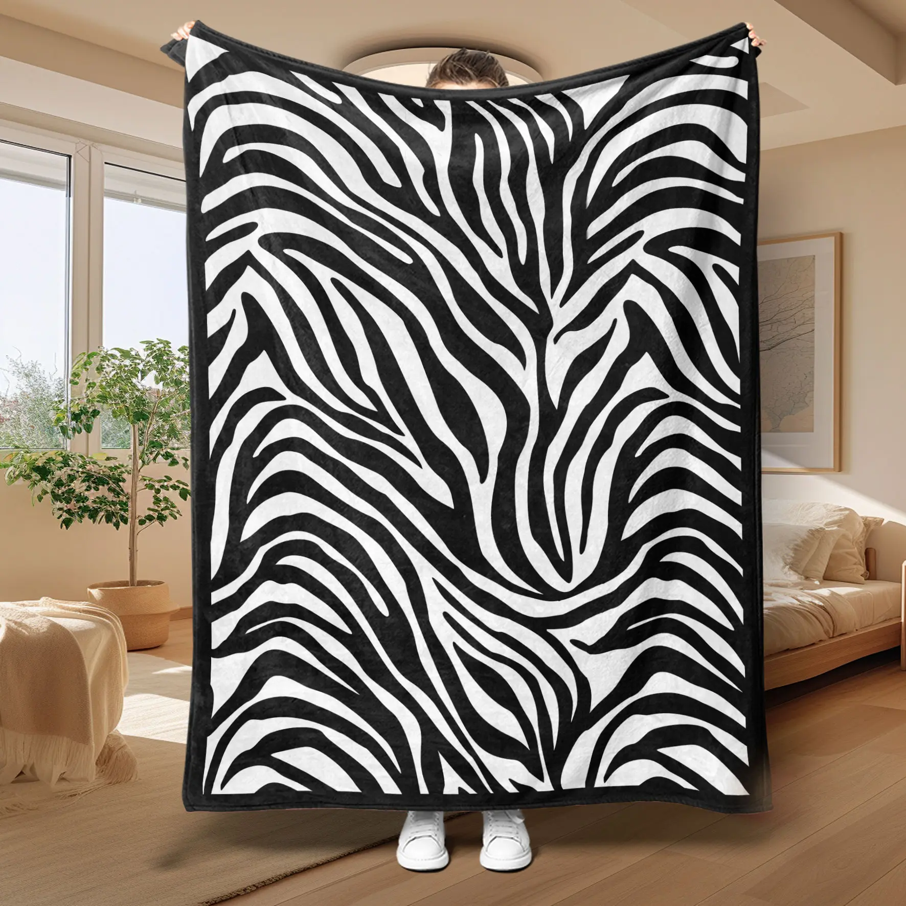 Luxurious Zebra Print Flannel Throw Blanket - 280 GSM Full Synthetic Polyester, Soft Warm Body-Warming, Machine Washable, Home Decor for Bed & Sofa, All Seasons Bedding Linen, Machine Wash