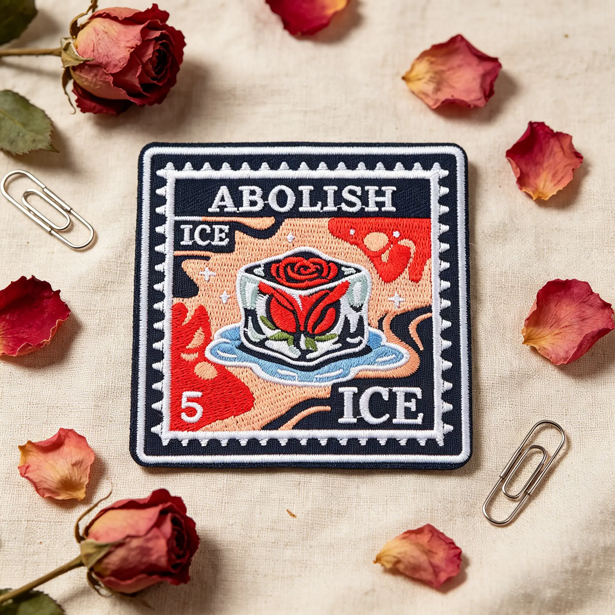 Abolish Ice Vintage Rose Stamp Floral Embroidery Patch, Embroidered Floral Design, Self-Adhesive Iron-On, Suitable for Clothes, Jackets, Hats, Accessories, Flower Iron On Patches