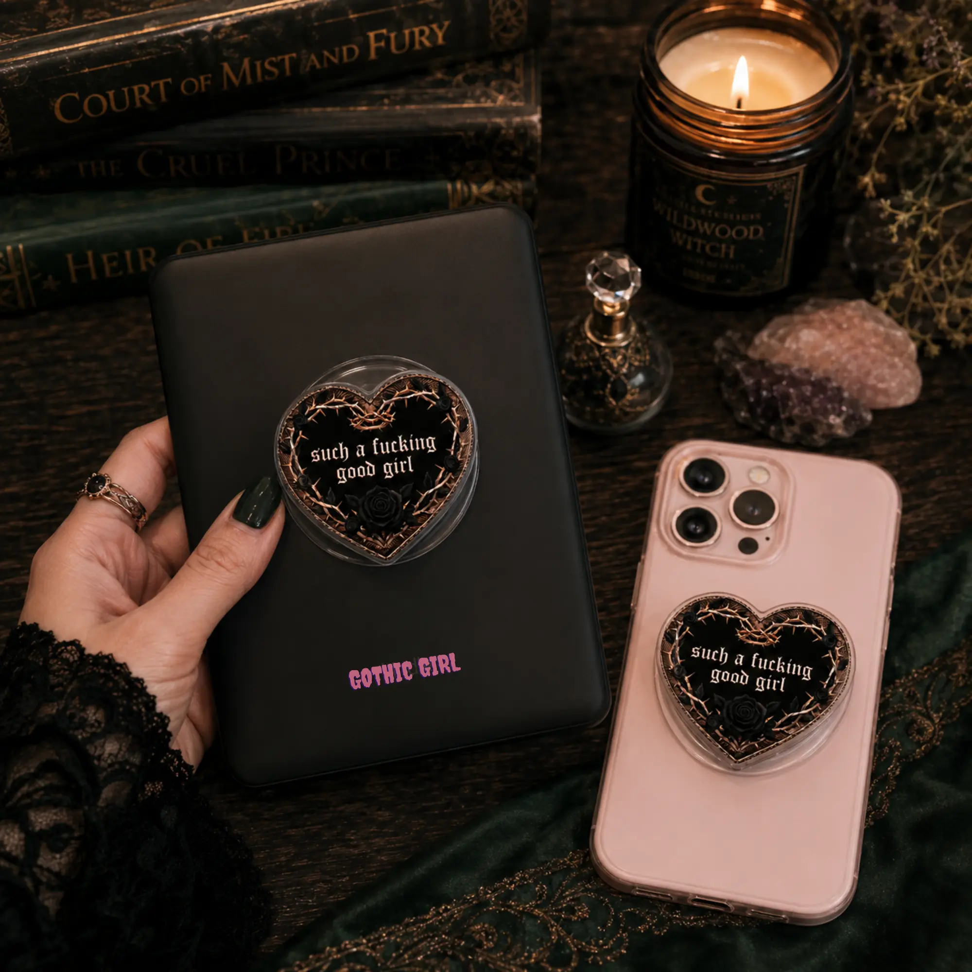 Gothic Heart Magnetic Phone Grip, Black Rose Acrylic Phone Holder, Dark Academia Phone Stand, Witchy Bookish Phone Accessory, Coquette Gothic Grip, Romantic Goth Phone Holder