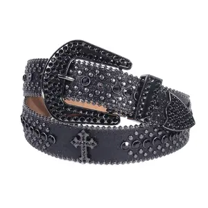 Western Cowboy PU Belt - Unisex Rhinestone Cross Street Fashion New Style Denim Belt