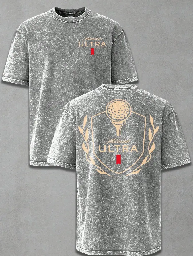 Vintage Washed "Michelob Ultra Golf Ball" Double-Sided Print Tee | 230gsm Heavyweight Sports Streetwear, Unisex Oversized Loose Fit, 100% Pure Cotton Casual Top for Men & Women