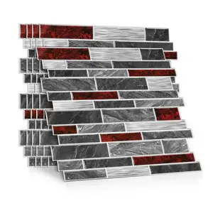 Red-Gray Marble Pattern Self-Adhesive Tile Wall Stickers | Exclusive for Renters / DIY Enthusiasts / Home Renovation & Decoration: Tool-Free Peel-and-Stick + Easy to Cut + Stain-Resistant & Easy to Wipe, 2D Flat Texture Suitable for Kitchens and Bathrooms