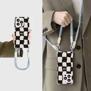 Fashionable Checkerboard Pattern Phone Case with Long Strap, Crossbody & Wrist Strap Phone Case, Phone Accessories for iPhone 15 Pro Max 14, with Wristlet Strap, Phone Lanyard, Phone Sling