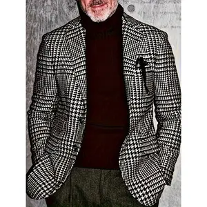 1pc Men'S Classic Houndstooth Blazer - Casual Polyester Suit Jacket with Lapel Collar, Button Details, Woven Fabric, Non-Stretch - Regular Fit for Spring/Fall Season