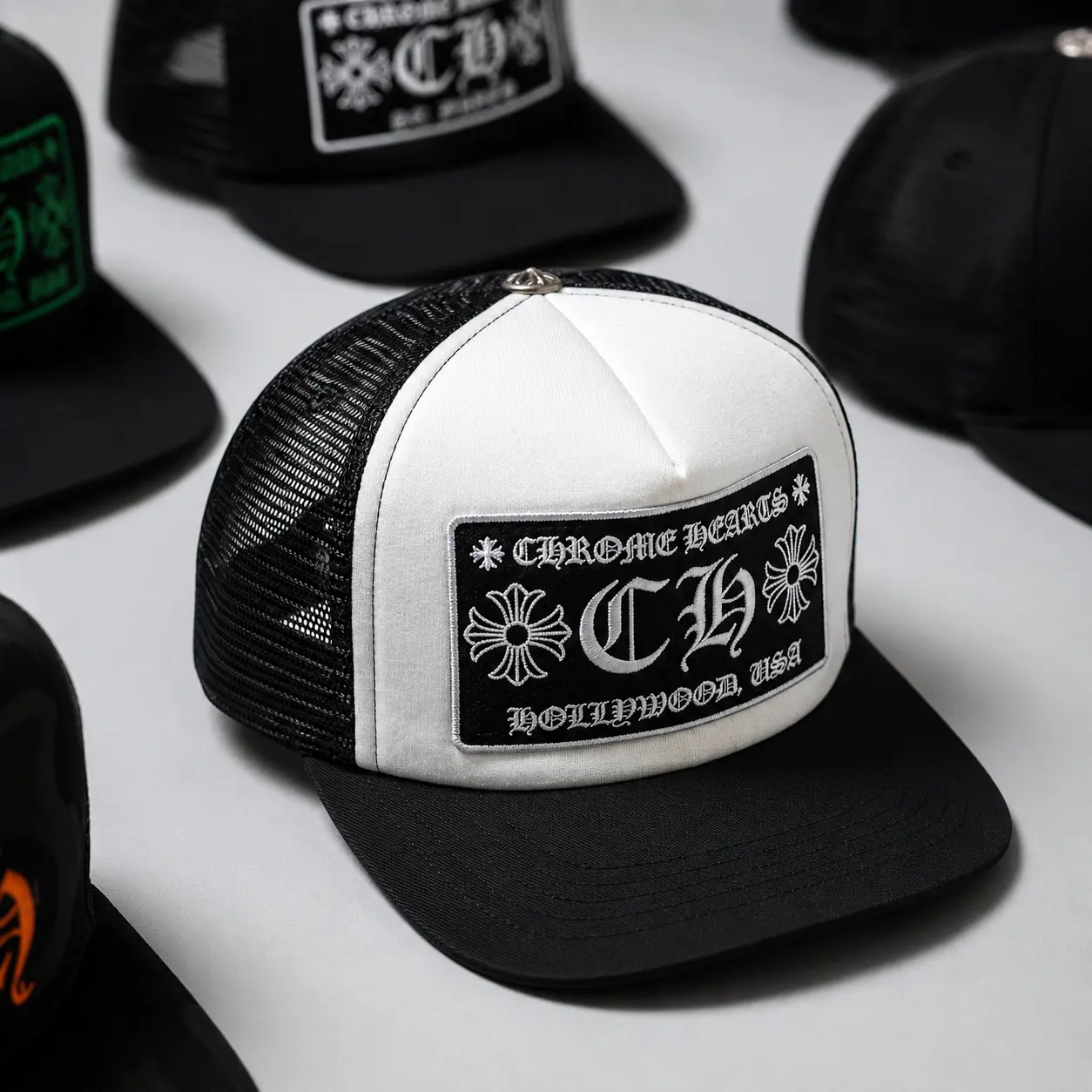Chrome Hearts Black & White Trucker Hat for Men & Women, Gothic Cross Embroidered Patch Mesh Snapback Cap, Bold Hollywood Streetwear Baseball Hat