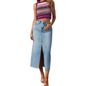 Women's High-Waisted Denim Bustier A-Line Skirt - Elegant Mid-Length Open Front Design