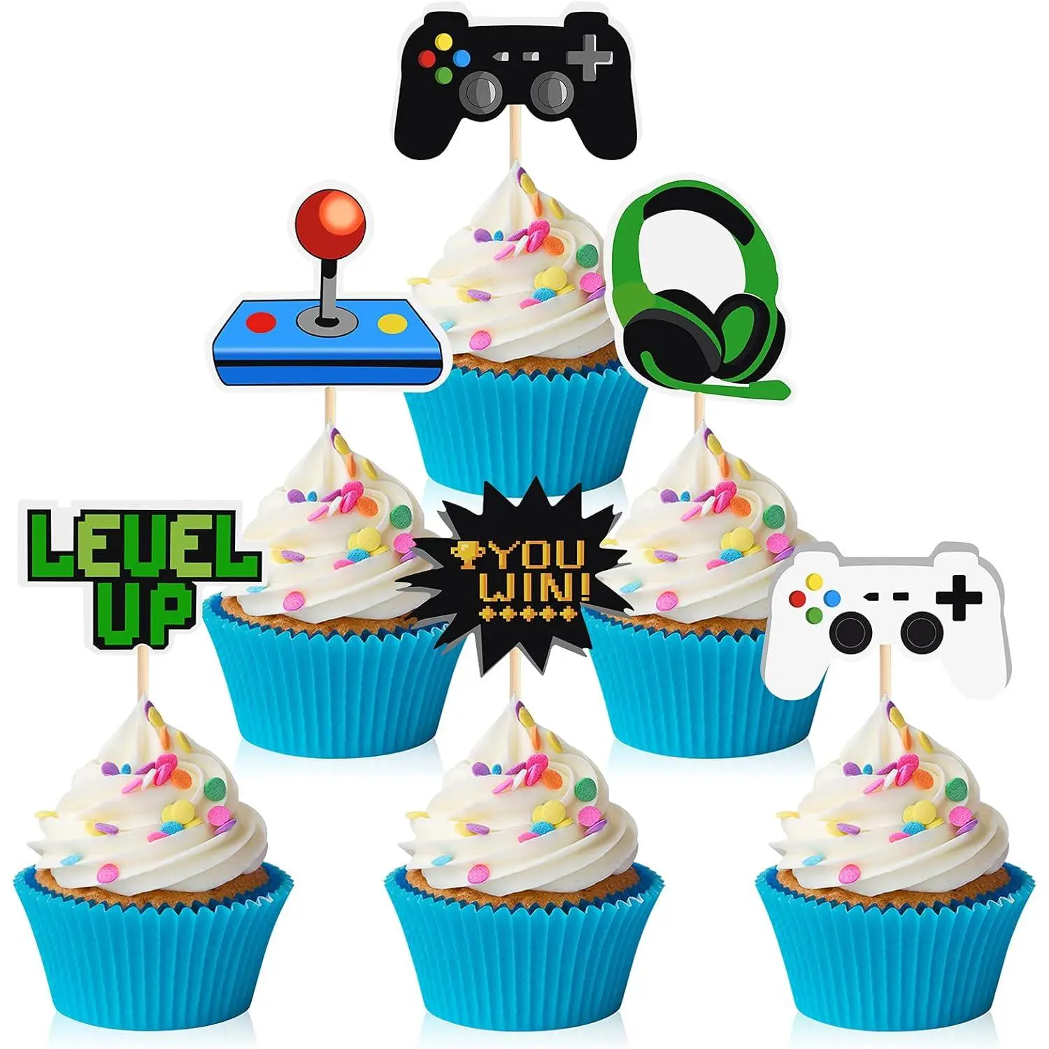 F-PSD25 Video Game Theme Cake Toppers - 60 Pcs 6 Different Patterns Cupcake Picks, 250gsm Card Stock Dessert Decor, Kids' Gaming Birthday Party Supplies for Games, Baby Shower Favors