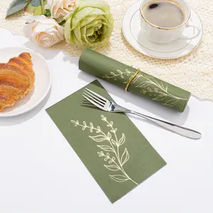 [Wedding Bridal Shower] 100 Pcs Green Golden Foil Roostertail Napkins Disposable Paper Guest Napkin Beverage Napkins for Wedding Bridal Shower Tea Party Garden Party Birthday Party