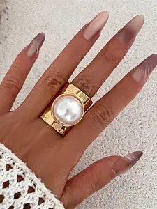 New Punk Style Exaggerated Irregular Metal Wide Adjustable Ring, Women's Faux Pearl Geometric Ring, Fashion Jewelry Accessory, Statement Rings
