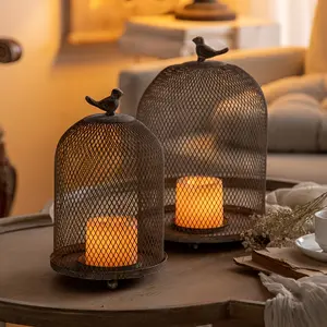 Vintage Metal Birdcage Candle Holders, Polished Desktop Lanterns with Religious Theme Decorative Shades, Includes Tall Stand, Suitable for Christmas, Halloween, Thanksgiving,  Indoor/Outdoor Use (Candles Not Included) Modern Simple Candle Holder Set 2