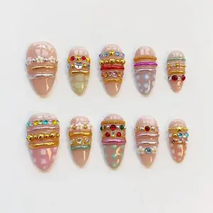Colorful 3D Chrome Press On Nails, Stacked Ring Design with Rhinestones, Polka Dot Accent, Long Almond Nails