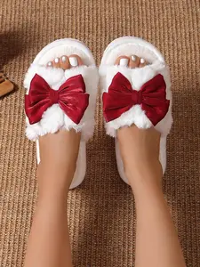 Bowknot Plush Warm Women's House Slippers, Comfortable Breathable Indoor Slippers For All Seasons