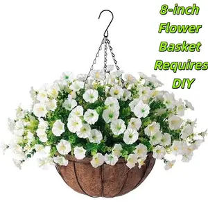 2 Set Artificial Hanging Flowers Baskets for Outdoors Faux Spring Plants, 24 Pcs UV Resistant Faux Silk White Morning Glory with 2 Outdoor Hanging Planters Hanging Plant Hanger Realistic for Outside Porch Patio Decor