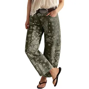 Women Boyfriend Baggy Barrel Jeans Floral Print Denim Ankle Pants Wide Leg Mid Rise Jeans Sweatpants Y2k PatchworkGift