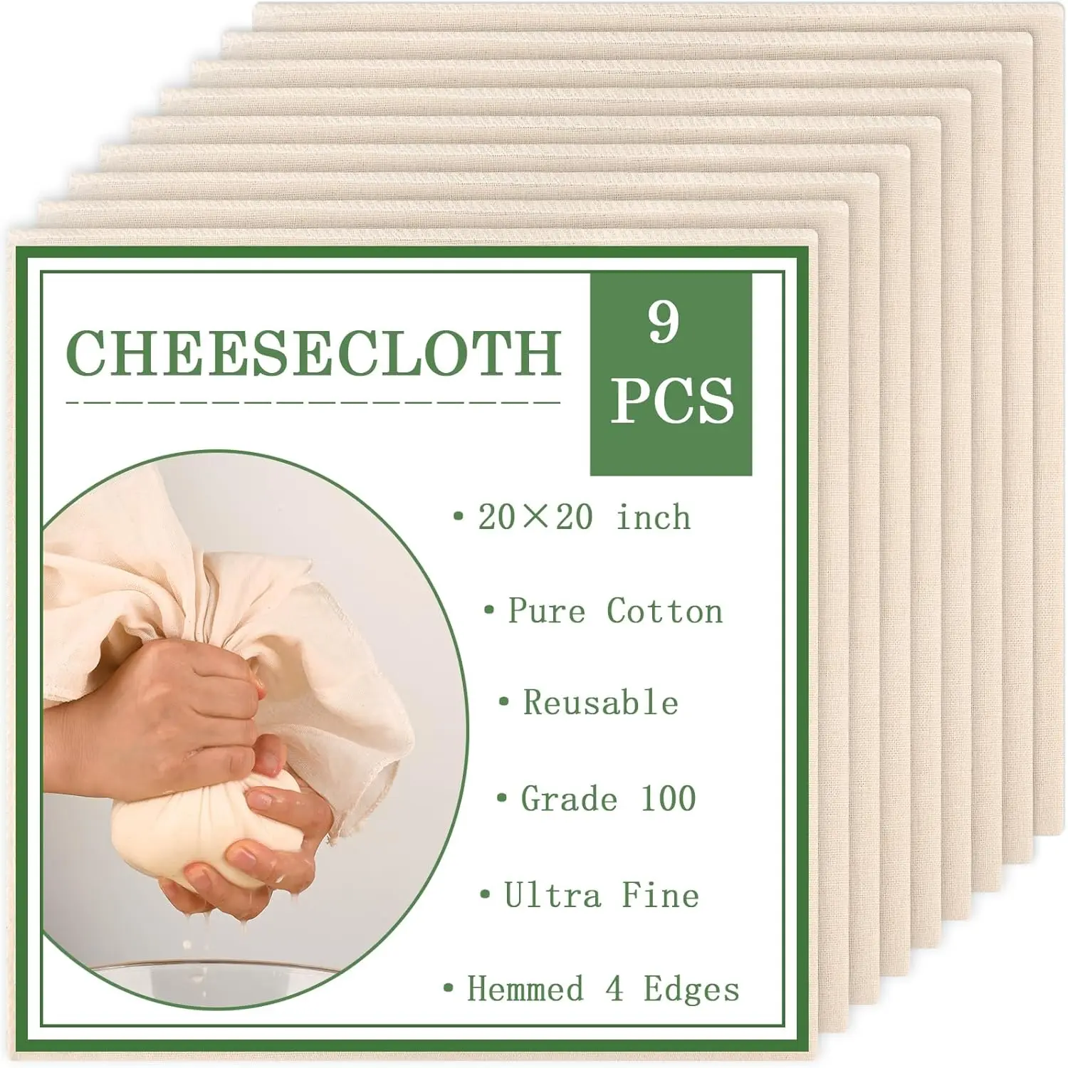 9 Cheesecloth for Straining, 20x20 Inch Cheese Cloths with Hemmed 4 Edges, Grade 100, Reusable Unbleached Fine Mesh Cotton for Cooking, Juicing, Cheese Making, Baking, Yogurt Cleaning Kitchen