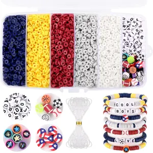 Red White and Blue Clay Beads, Clay Beads for Bracelet Making, 5000 Pcs Heishi Flat Round Bead, Friendship Bracelet Kit with Letter Sports Bead, Birthday DIY Craft for Boys Adults
