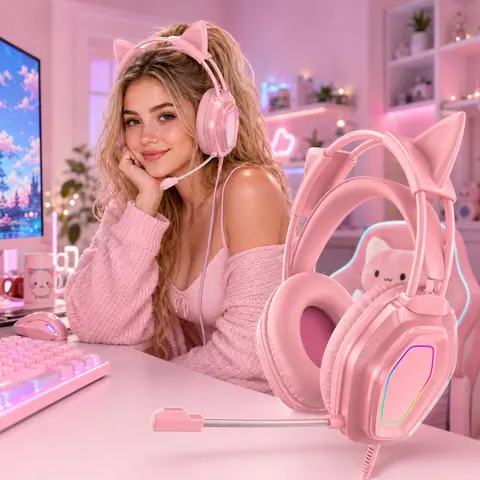 Wantek Kawaii Cat Ear Over Ear Gaming Headset for Girls, Gaming Accessories - 3.5mm Wired Cable for Solid Audio RGB Headphones with Mic, Soft Noise Isolation Earmuffs, 7.1 Surround Sound, Lightweight Pink, Compatible with PC&PS5/4, Headset for Gaming